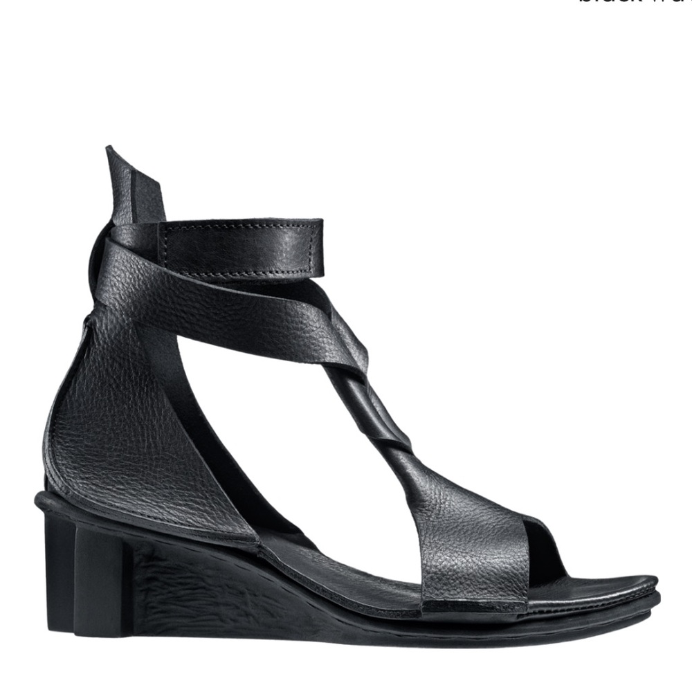 Trippen Antiope F Black Leather Ankle Wrap Wedge Sandals Luxe Gladiator 38 US 7